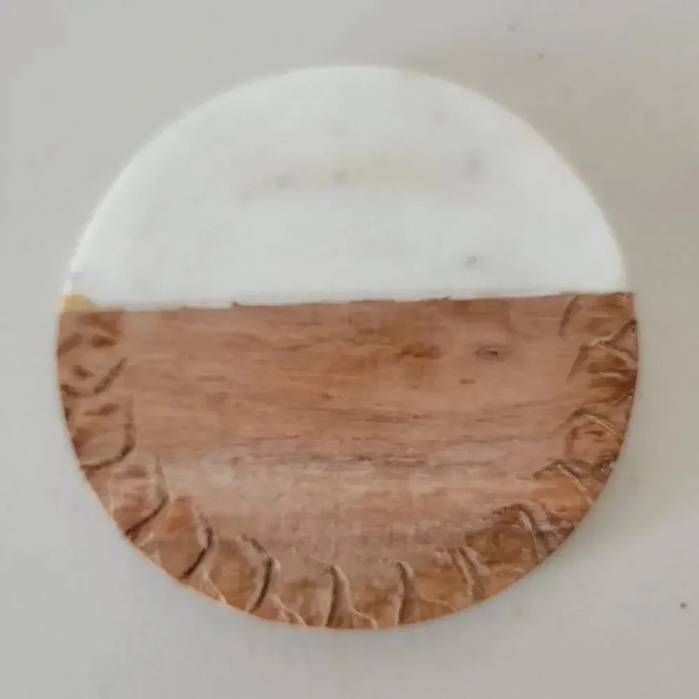 Handmade Marble and Wood Round Coaster Set of 2 Acacia Wood White Marble